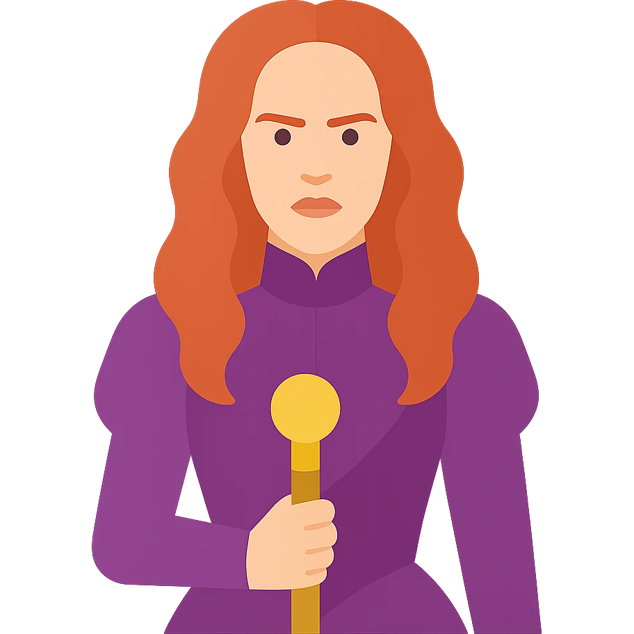 Wilhemina Venable (Sarah Paulson) in royal purple Victorian style, beautiful and luminous but terrifying, holding a gold cane emoji