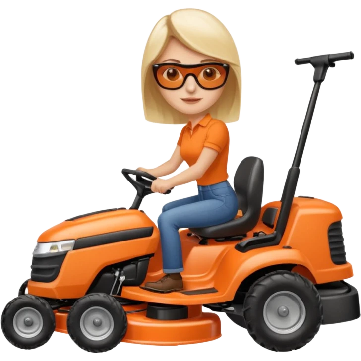 White woman on orange ride on lawn mower cutting lawn emoji