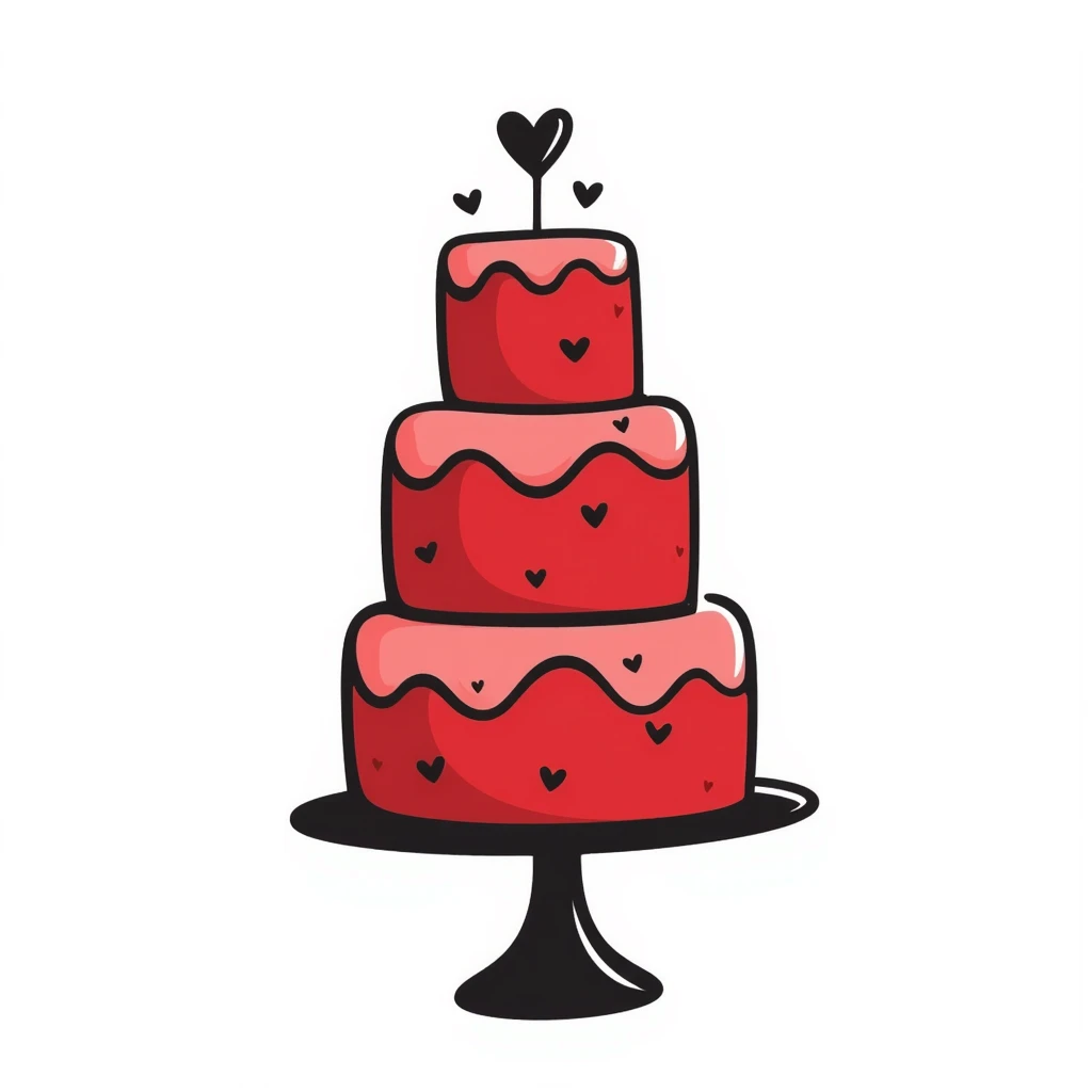 Hand-drawn red wedding cake with decorative layers and small heart details emoji
