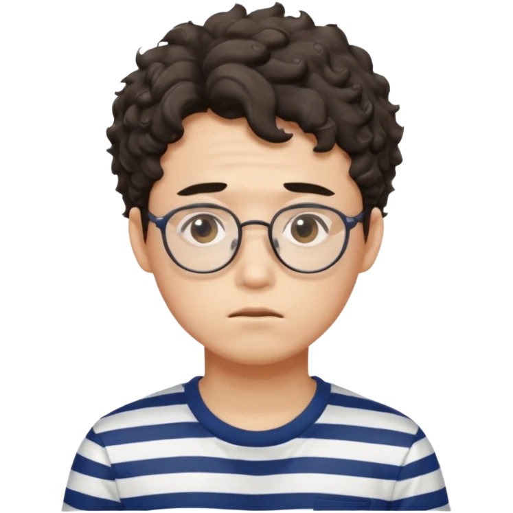  Korean male college student with a worried face , glasses with a bit curly hair, stripe t-shirt emoji