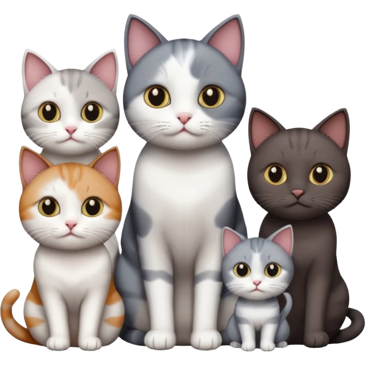 4 different coloured short haired cats including; a dark brown and white cat, and a dark grey and white  emoji
