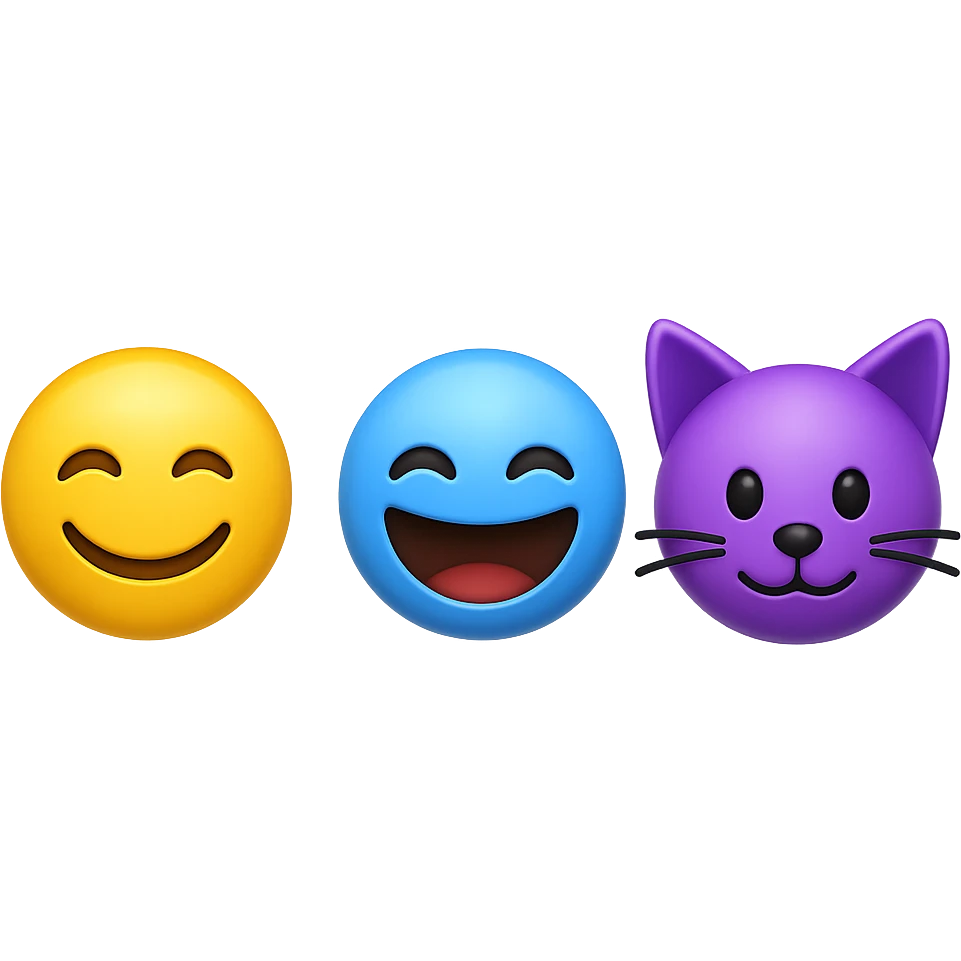 Create a set of 3 different 3D Apple style emojis inspired by the provided image. The emojis should not touch each other on the sides and have spaces between them. The background should be removed, leaving only the emojis visible. emoji