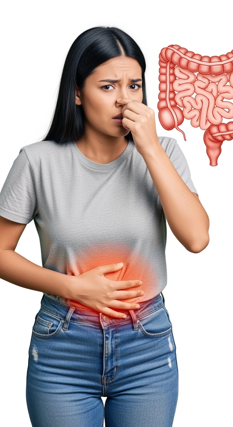DONNA CHE SI TIENE LA PANCIA CON LA MANO E SI TAPPA IL NASO PER LA PUZZA, INTESTINO UMANO ANATOMICO IN EVIDENZA, ISOLATA SU SFONDO BIANCO emoji