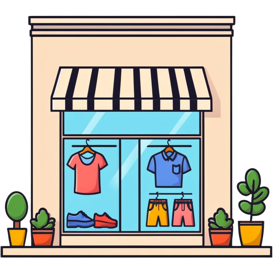 Boutique shop window with price tags and fashion items emoji