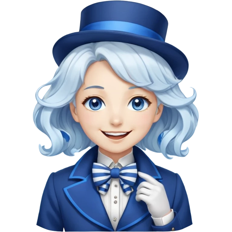 Beautiful gorgeous anime lady with white wavy hair with thin blue stripes, blue eyes, blue short top hat with a blue bow tie, smug grin, laughing, happy, blue coat, blue cravat, white gloves emoji
