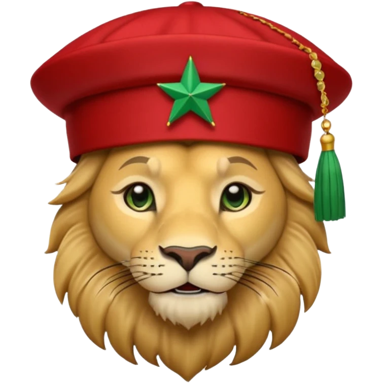Cute lion emoji face wearing a Red Moroccan fez hat with a flat top, straight sides, a green five-pointed star on the front, and a thin black tassel hanging from the right side. emoji