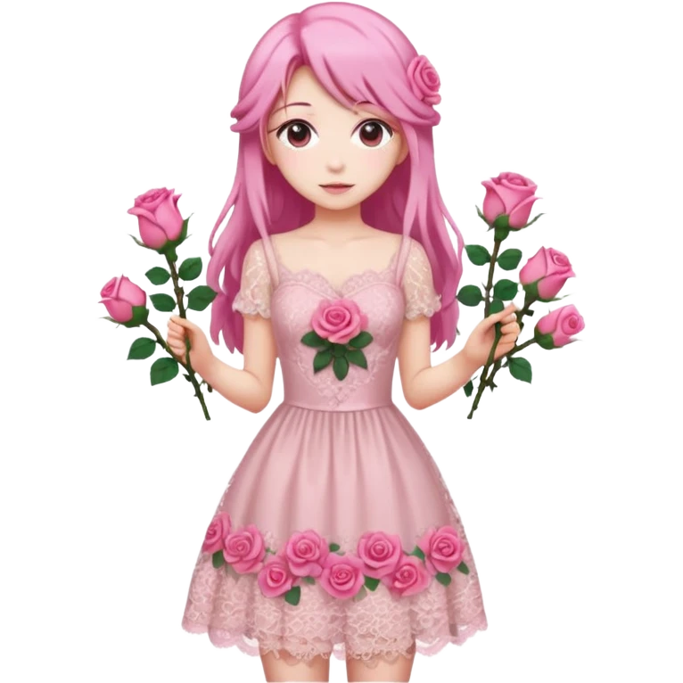 pastel anime woman with pink roses lace dress full body emoji