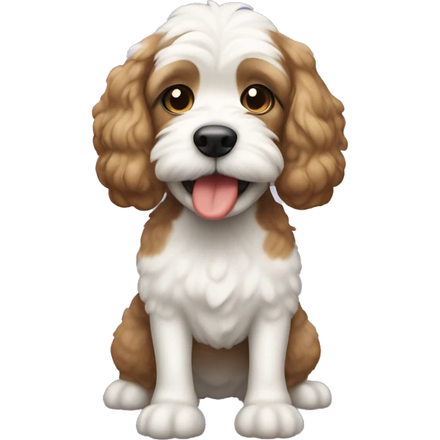 A Cockapoo dog with white patch going down his snout, and under his chin. emoji