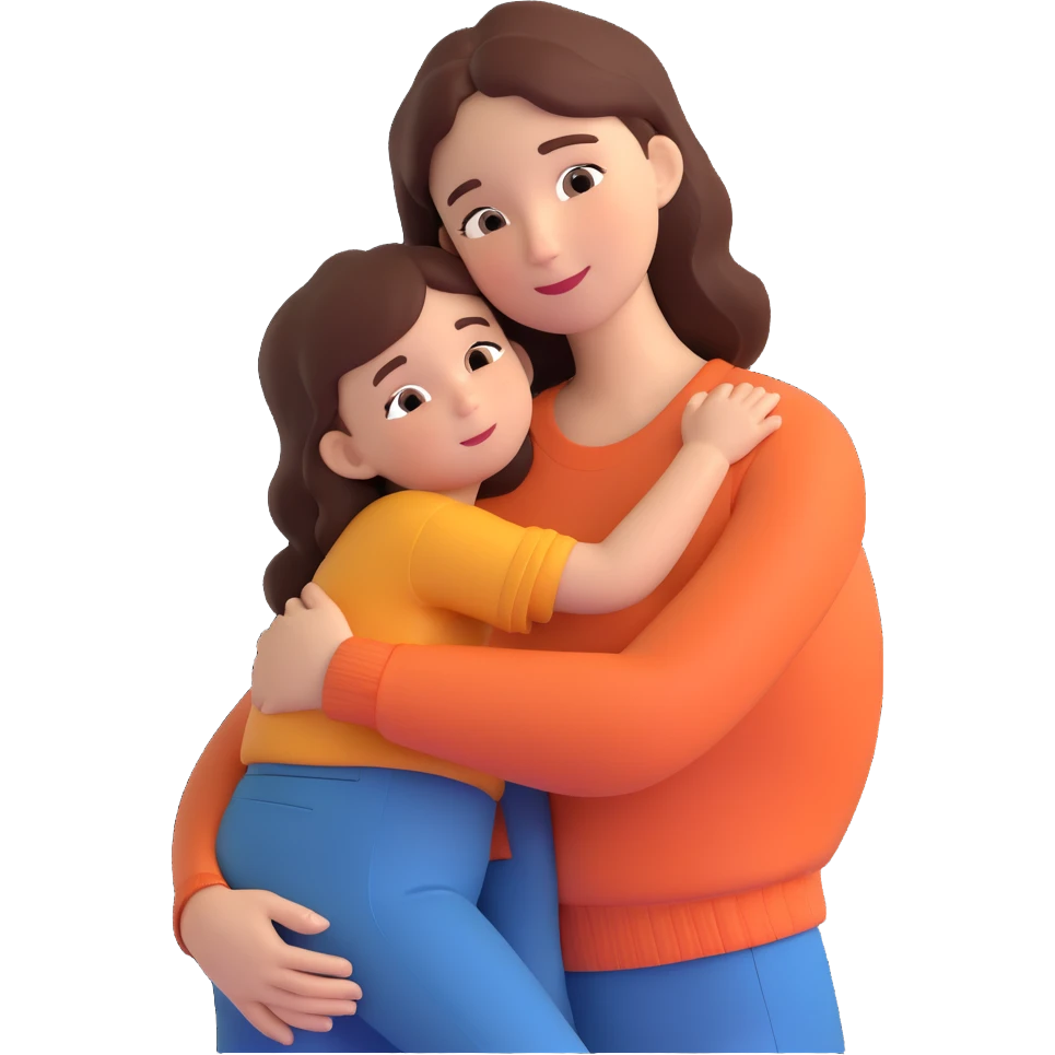 A warm and caring mother figure hugging her child, wearing casual clothes, indoors, cozy atmosphere emoji