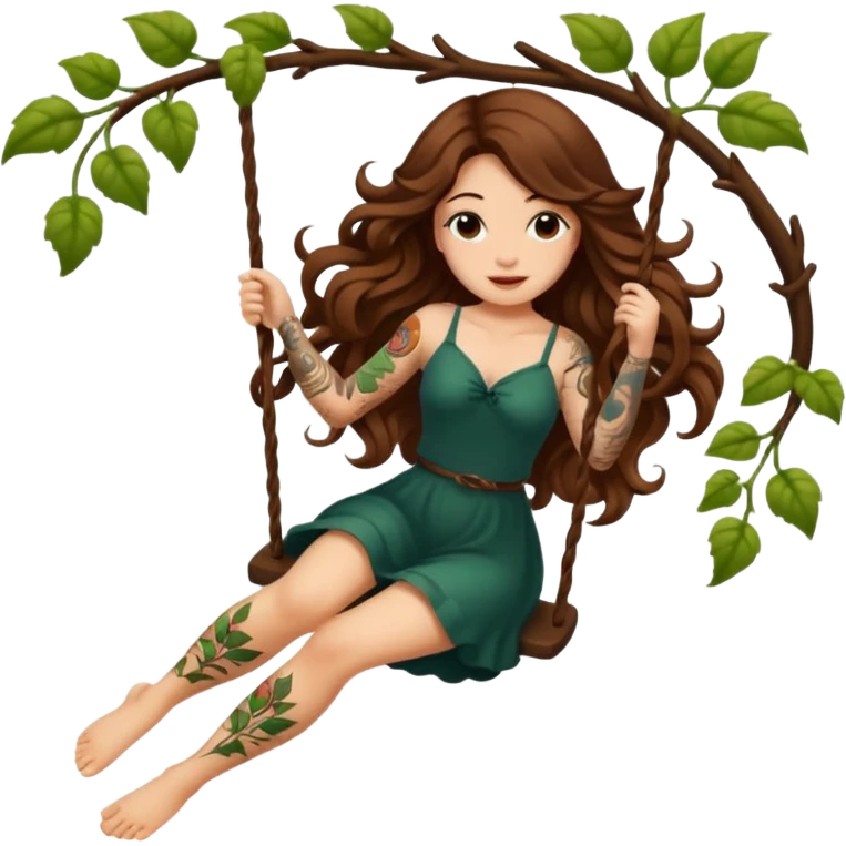 ccute woman long wavy brown hair tattoos swinging on vine emoji