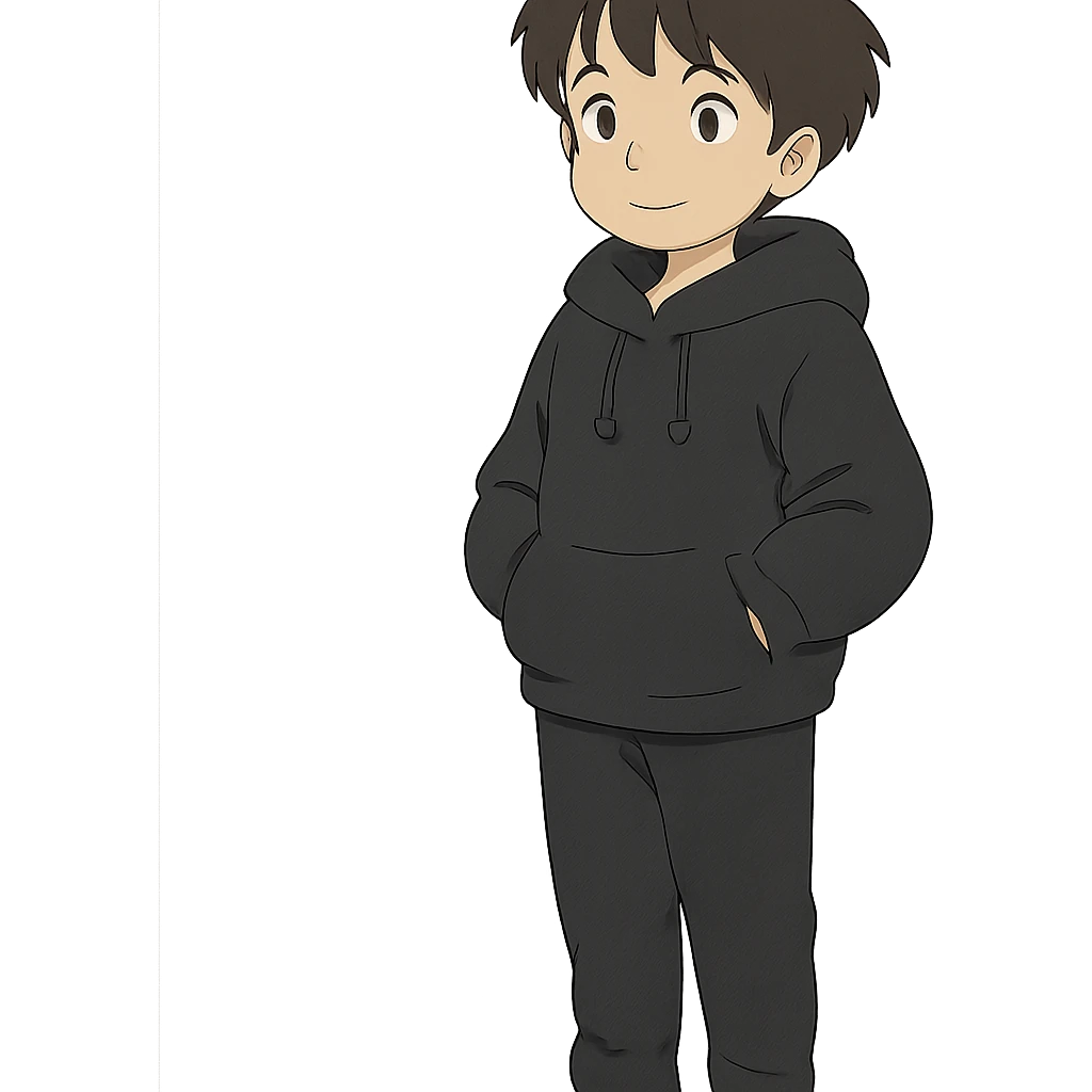 niño con jersei negro, pantalón negro y capucha, estilo ghibli emoji