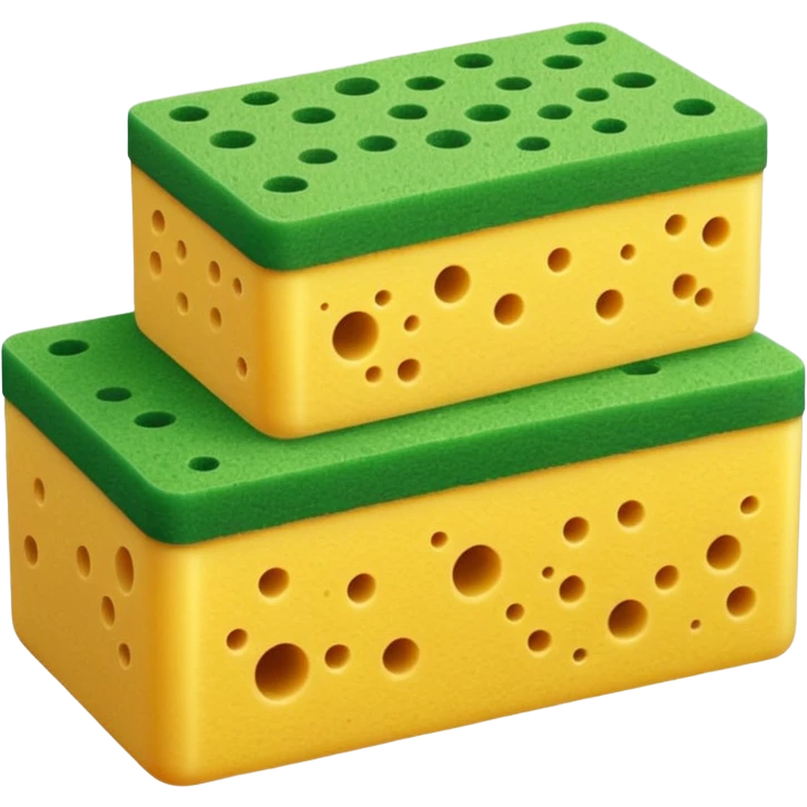 one or two cleaning sponges, rectangular, rounded edges, stacked or overlapping, yellow base, green scrub layer, porous and springy, detailed texture, no soap, water, or faces, clean 3D, soft lighting, transparent background, emoji scale emoji