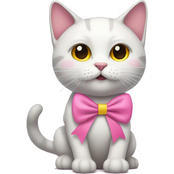 A cat with yellow and white flur wearing a pink ribbon, a bit bubbles around it emoji