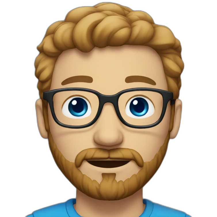 man with short light brown hair, beard and mustache and glasses, blue eyes and showing like emoji