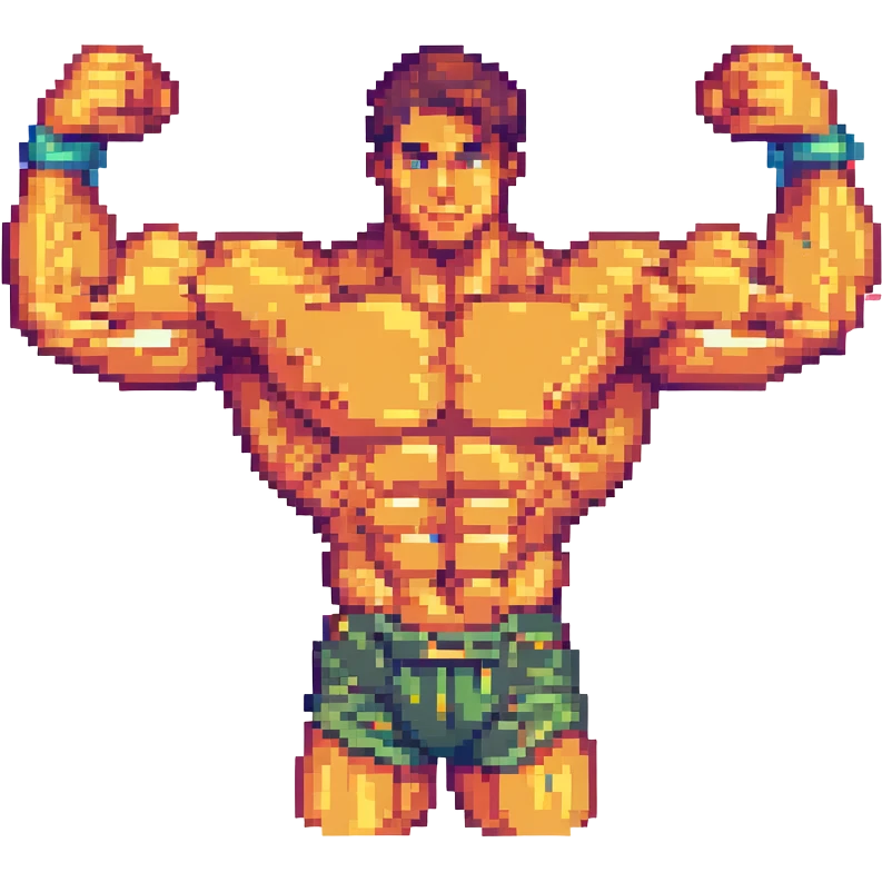 cartoonish strong arm, exaggerated muscles, bright colors, pixel art style emoji