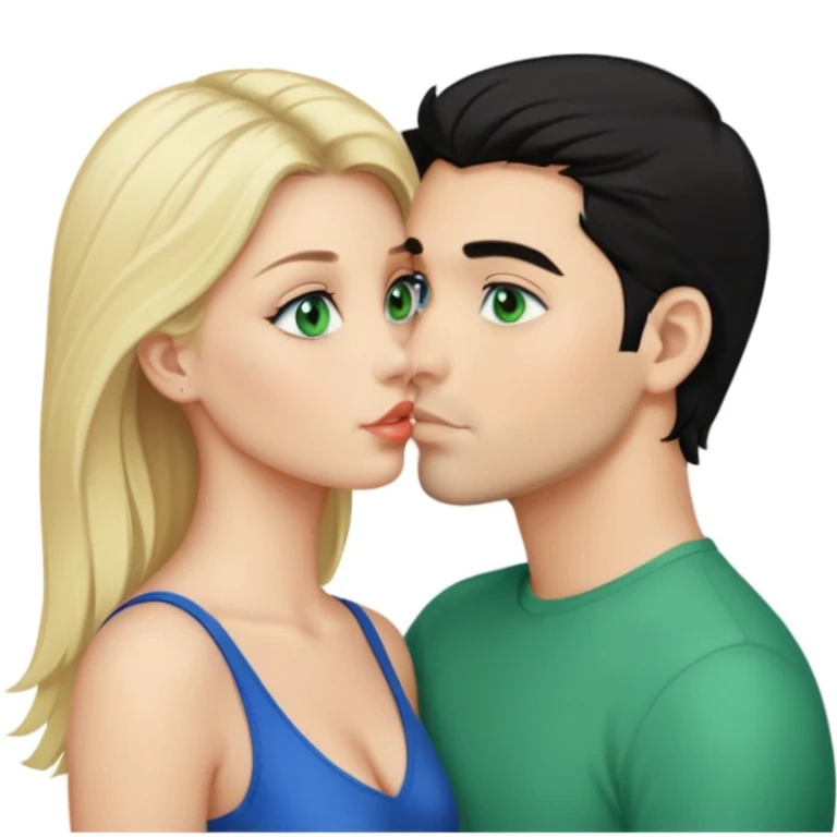 Blonde Woman, green eyes, Red thong, naked breast, Kissing man with blue eyes, black Hair, Background sea  emoji