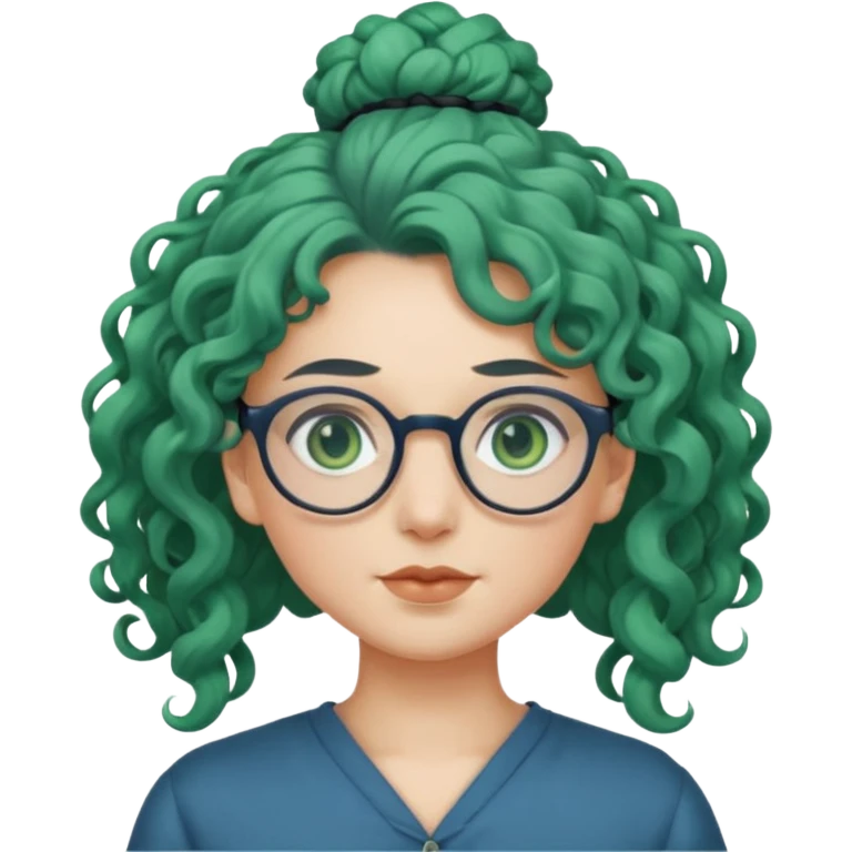 cabelo encaracolado longo, azul, óculos, olhos verdes, raça branca, penteado topo cabeça emoji