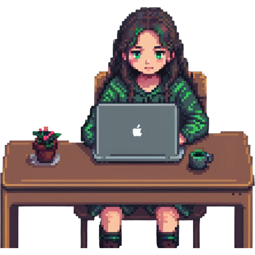 girl sitting at a desk with a MacBook, face partially hidden, cozy workspace, pixel art style emoji