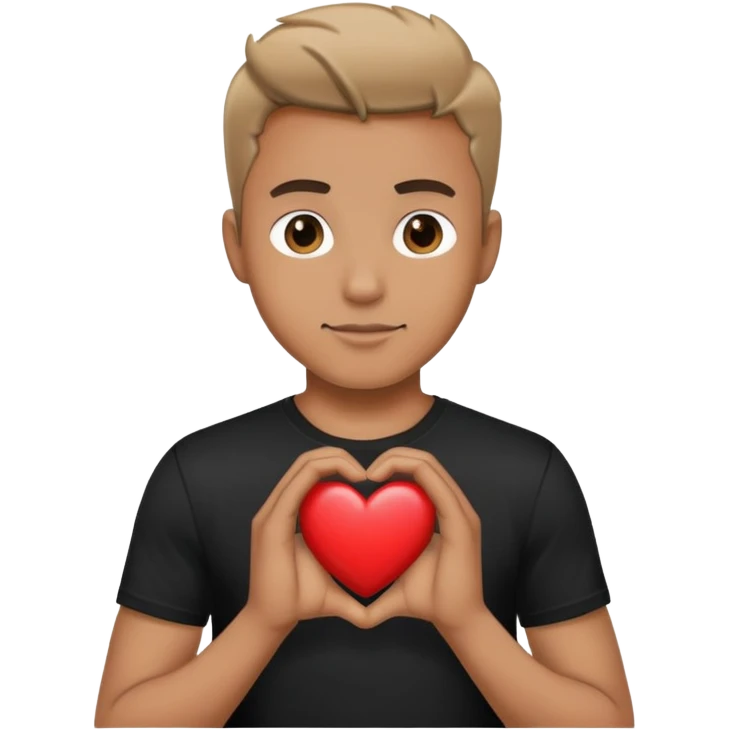 A man in a black t-shirt holding a heart in his hands emoji