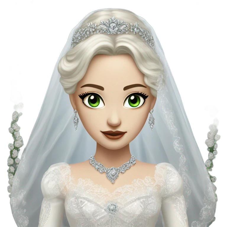 Hyper Realistic ornate ballgown long sleeve Wedding dress with diamanté on Russian bride with pale skin and green eyes and long black hair with veil and diamond jewelry hyper realistic  emoji