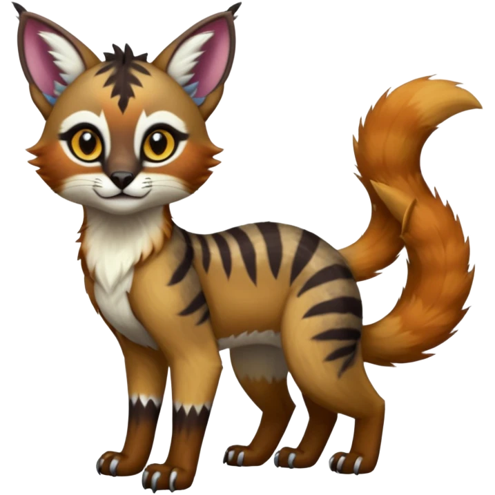 Colorful dark tropical exotic cute cool beautiful shiny beautiful fantasy-caracal-civet-genet-sergal-vernid-Gryphon-Cacomistle-Trico-oncilla-animal-Fakémon-hybrid-fursona (full body) emoji