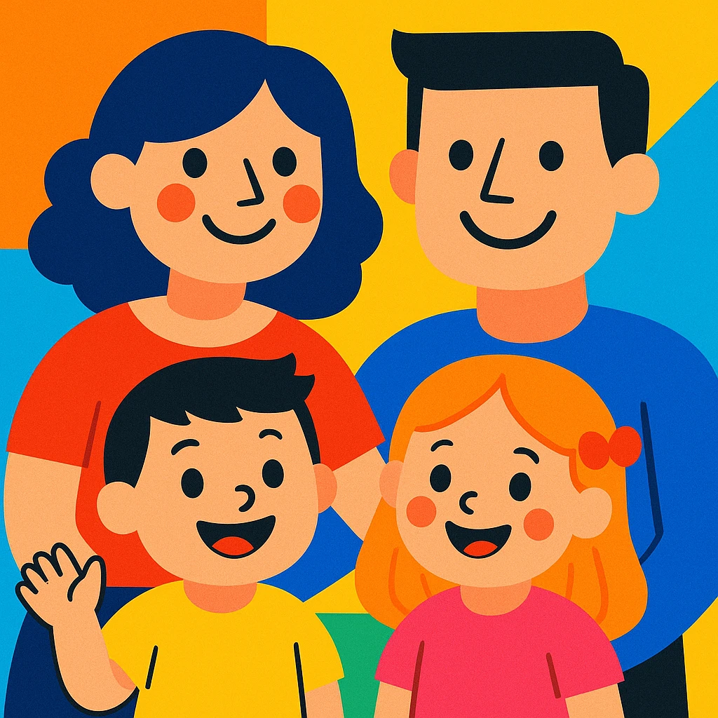 cartoon style small family, two parents and two children, smiling, bright colors emoji