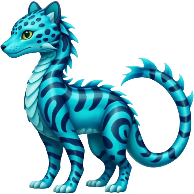 Bioluminescent Neon-Cyan Ripple-Patterned Soft-Scaled Aquatic Fantastical Liepard-Amaura-Manokit-Sergal-Samurott-fusion creature (full body) emoji