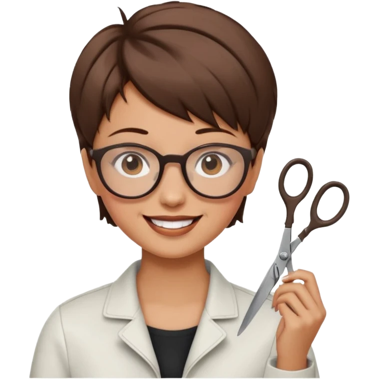 Happy woman with very short hair and glasses having haircut  with scissorsemoji emoji