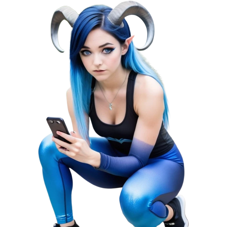 Disapponted-big tears-head back texting on phone-very very large upper body-sexy face-bending forward at waist-very long very straight dark blue to light blue ombre hair-and-blue eyes-thick black eyeliner-cute goat horns-iridescent blue lowcut tanktop with black leggings with glitter superman logo emoji
