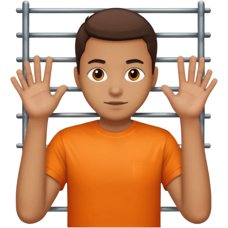 prisoner with orange shirt, many metal bars in front of him and he touches the bars emoji
