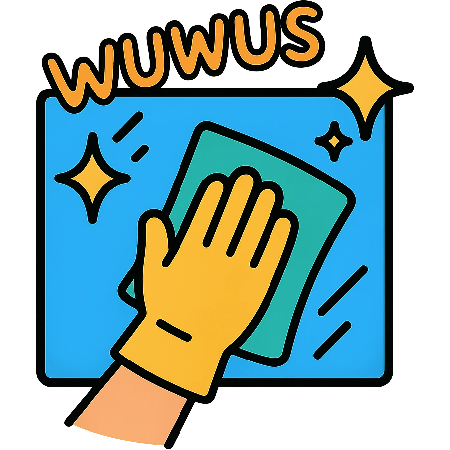 hand with glove wiping a window, sparkling effect, playful 'wuuwuus' text, clean lines emoji