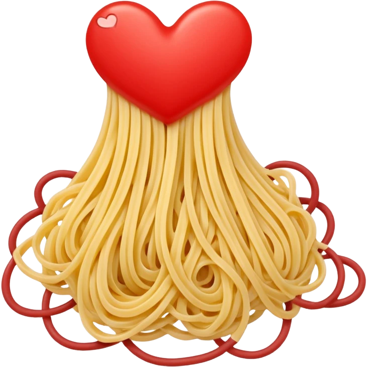 loose tangle of pale yellow cooked spaghetti with soft glossy texture and natural curves, strands slightly twisted and overlapping, freshly prepared dish, no bowl or chopsticks. Add tiny read hearts on the spaghetti emoji