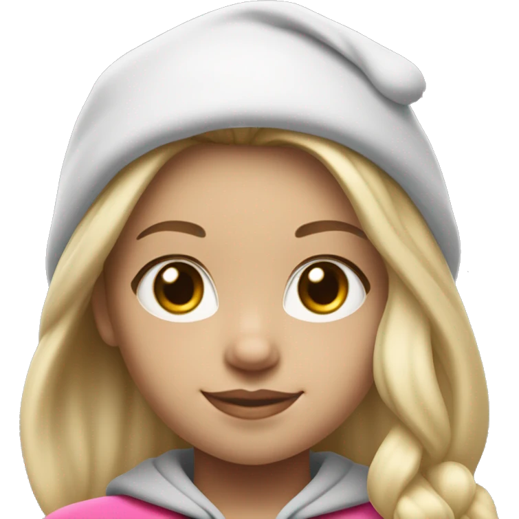 white raced, blonde hair with middle part, girl, long sleeve white lululemon shirt,  grey sweat pants, and a pink santa hat emoji