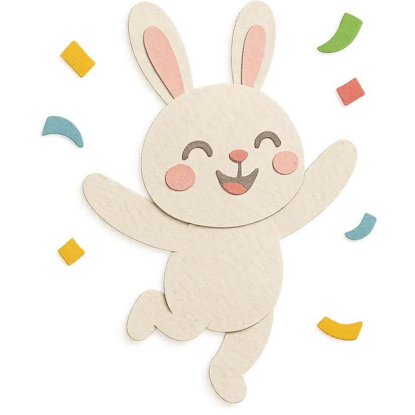 cotton bunny throwing confetti and spinning, full body, clean and polished, no imperfections, paper-craft style emoji