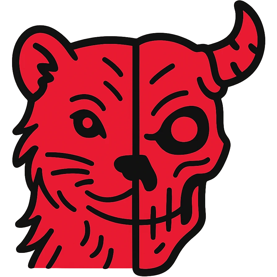 a red icon showing the left half of a stoat face with detailed fur lines merged directly with the right half of a minotaur skull with intricate bone texture, broken horn, and a glowing eye in the eye socket, minimalist design but with high-detail line art, everything in red emoji