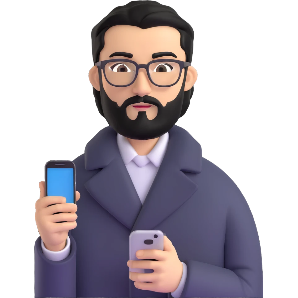 professional man standing, wearing black coat, with medium black beard, black hair neatly combed to one side, connected unibrow, olive tan skin, brown eyes, glasses, prominent nose, holding a smartphone emoji