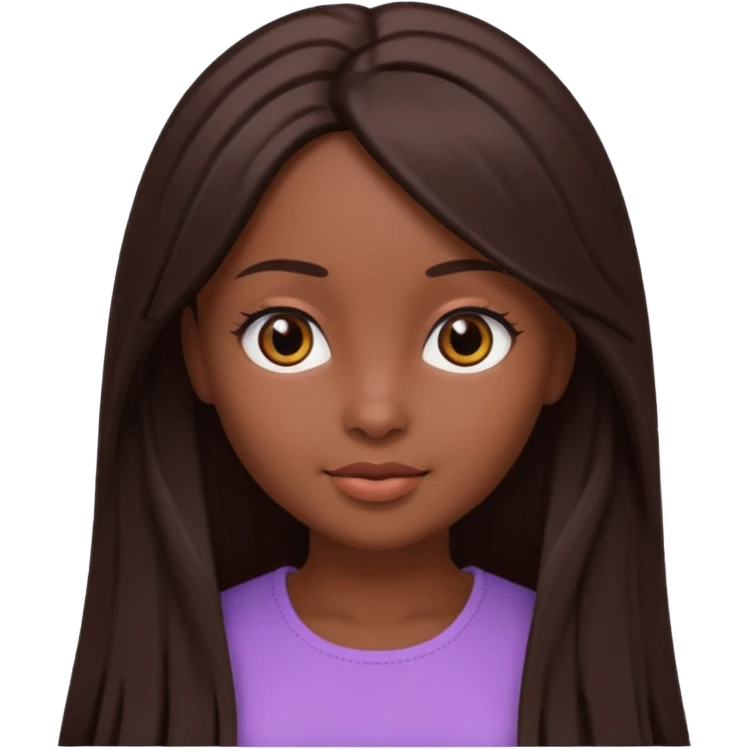 Boneca digital em estilo 3D realista e fofo, semelhante a uma boneca colecionável. Mulher jovem com pele negra, olhos castanhos escuros, cabelo liso cor chocolate, longo e bem alinhado.  emoji