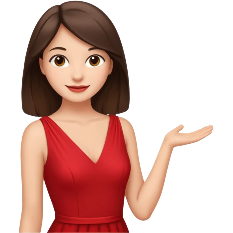 Cartoon emoji of a young brunette woman with fair-medium skin, brown eyes, wearing a red outfit. Full-height, standing confidently in a red dress  posing sexy with a smile and relaxed posture. Smooth, friendly, stylized, make up on, flirty eyes and smile in a sexy position  emoji