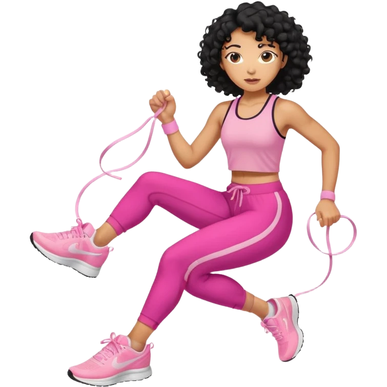 Mixed-race athletic woman with caramel skin, black curly hair, wearing pastel pink running shoes, tying laces emoji
