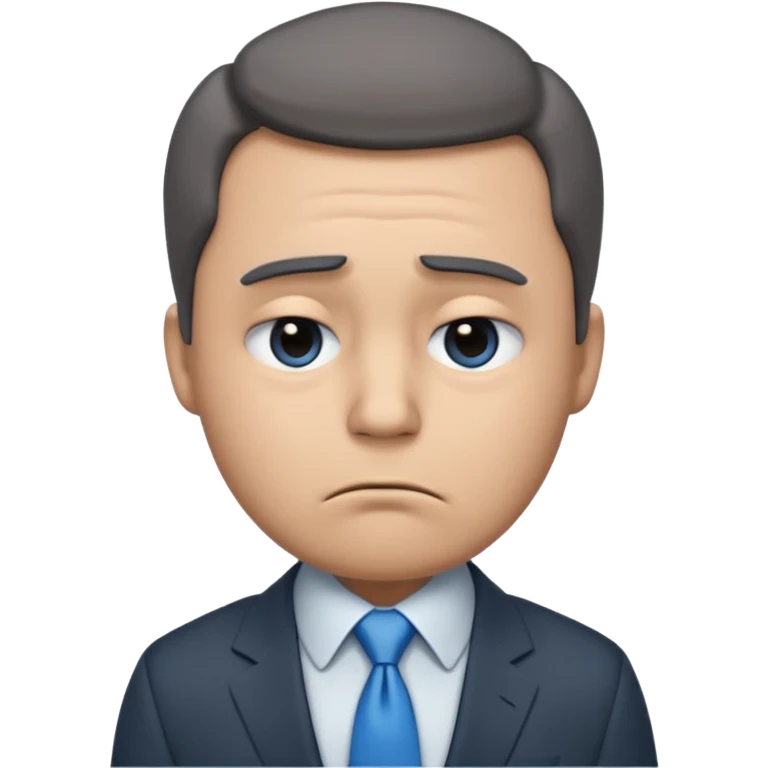 emoji character wearing a dark grey suit, white shirt, and blue tie. face has a very sad, disappointed expression with drooping eyebrows and half-closed eyes His posture is dejected, with slumped shoulders. he just rejected from his interview to get a job emoji