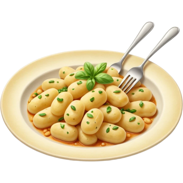 Gnocchi Cinematic Realistic Gnocchi Dish Emoji, depicted as tender oblong potato gnocchi garnished with iconic fork marks on top, rendered with soft textures and warm, inviting lighting. emoji