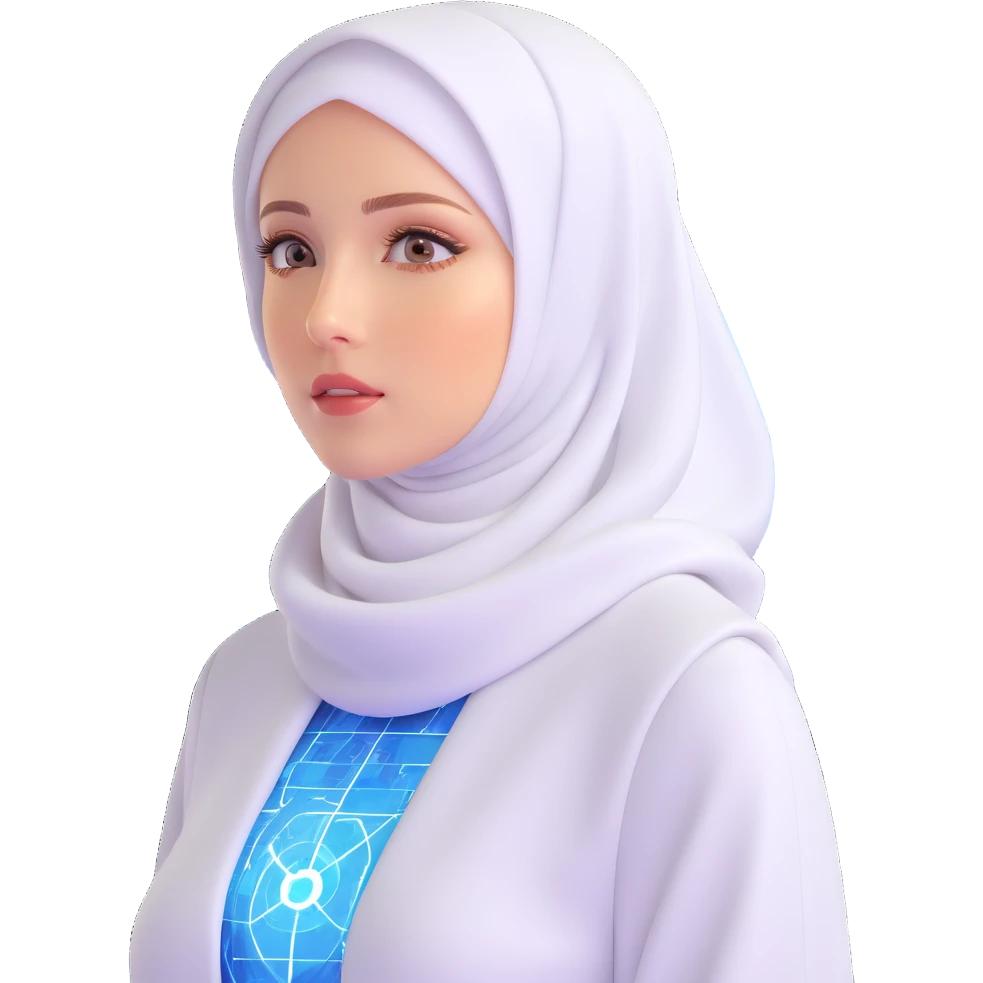 woman with white hijab wearing blue outfit, looking forward, surrounded by floating futuristic screens showing advanced holographic interfaces, AI visualizations, quantum data patterns, circuit networks, high-tech metaverse elements emoji