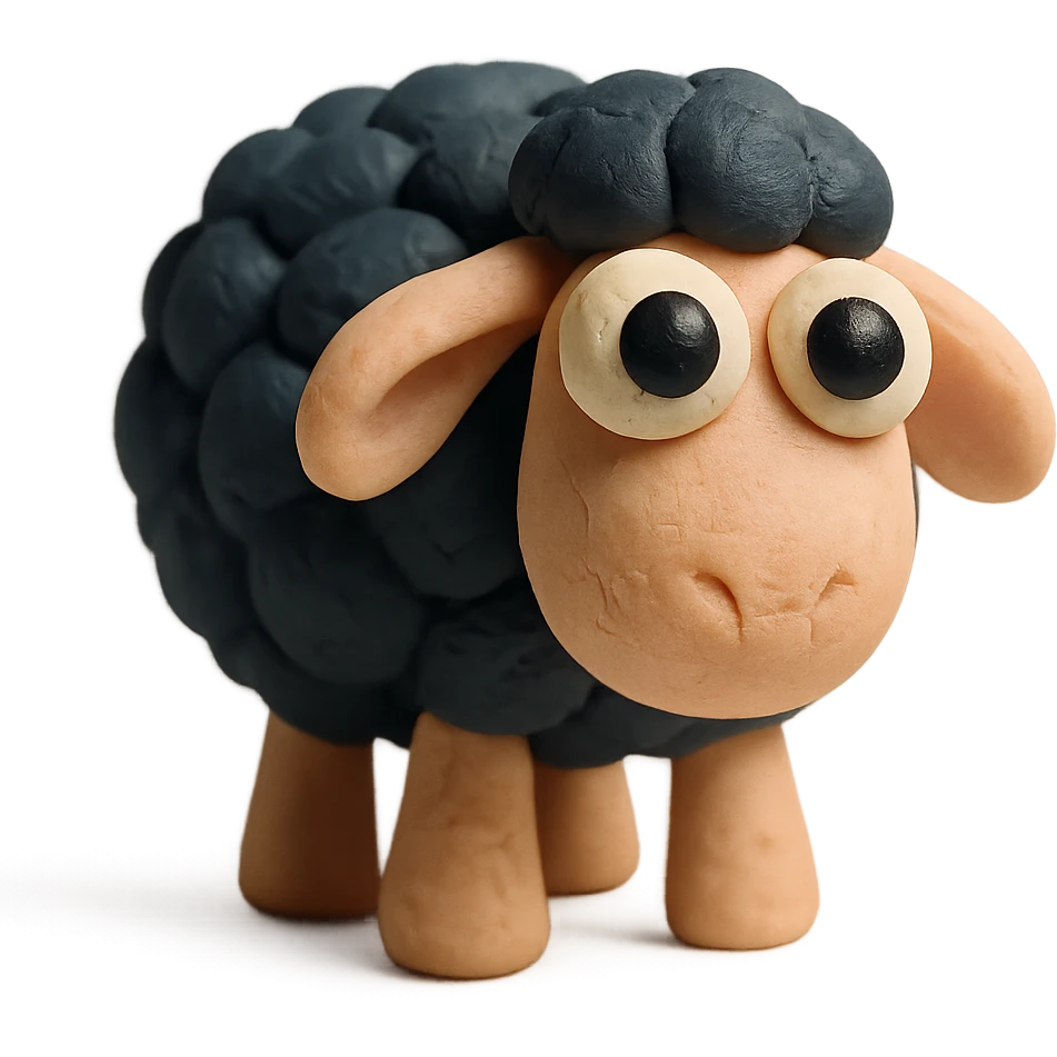 cute sheep with black wool and big eyes, soft pastel colors, hand-molded details, claymation style emoji