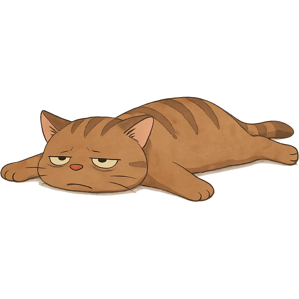 ghibli style cat lying flat, looking exhausted and resigned emoji