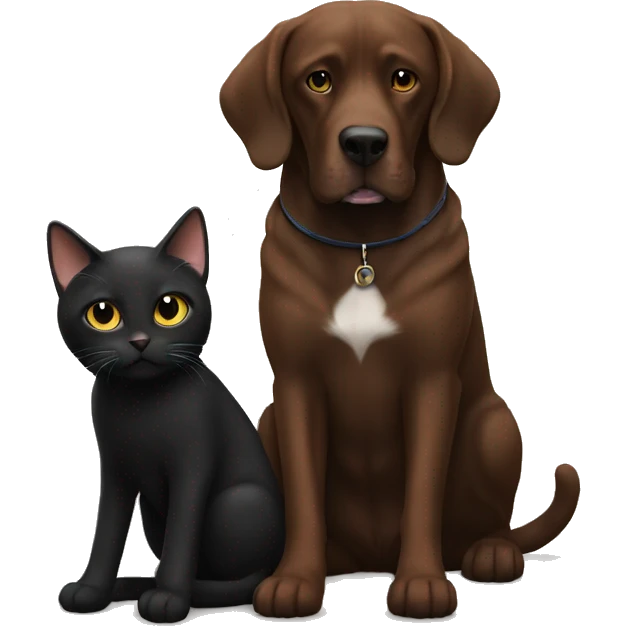 Black cat sitting next to big brown dog  emoji