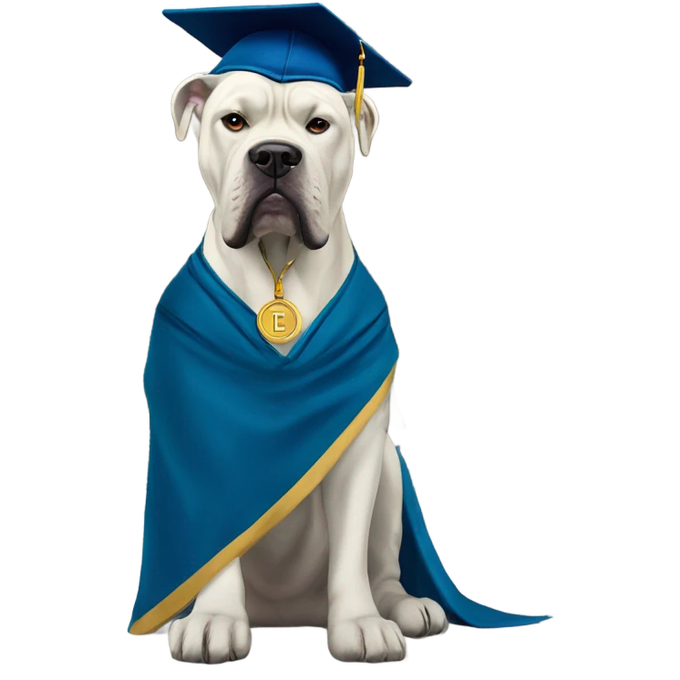 White and gold Cane Corso with glasses and cap and gown in front of the University. emoji