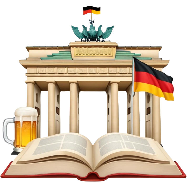 An icon featuring the Brandenburg Gate and the flag of Germany, symbolizing the German language. The design includes an open book with German text and a stein of beer, representing language learning and German culture. Transparent background emoji