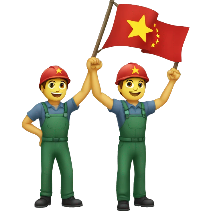 three communist flags over three workers with their fists up emoji