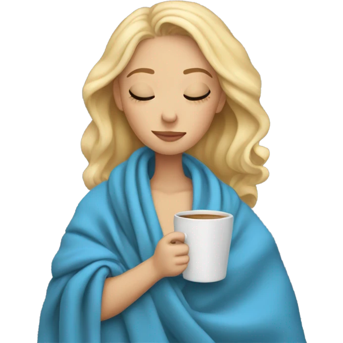 blonde girl inside a blue blanket sipping coffee eyes closed emoji