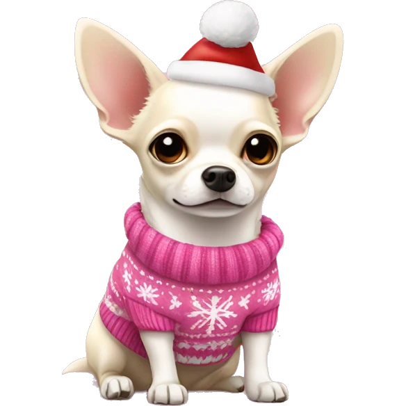 Cream and white chihuahua with Christmas sweater pink emoji